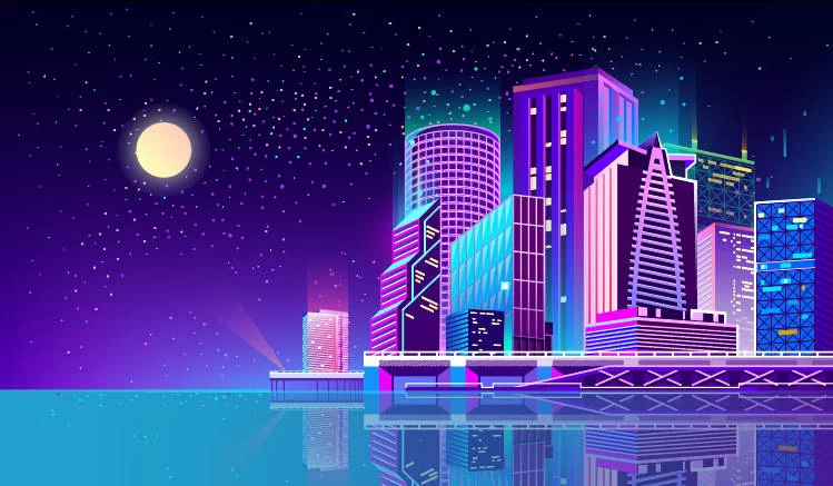 未来科技科幻霓虹灯渐变绚丽城市建筑夜景灯光插画AI/PSD设计素材100套【061】